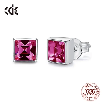 

CDE 925 Sterling Silver Earrings Post 15*15mm Fashion Square Design Stud Earrings Rose Crystals from Swarovski Women Jewelry