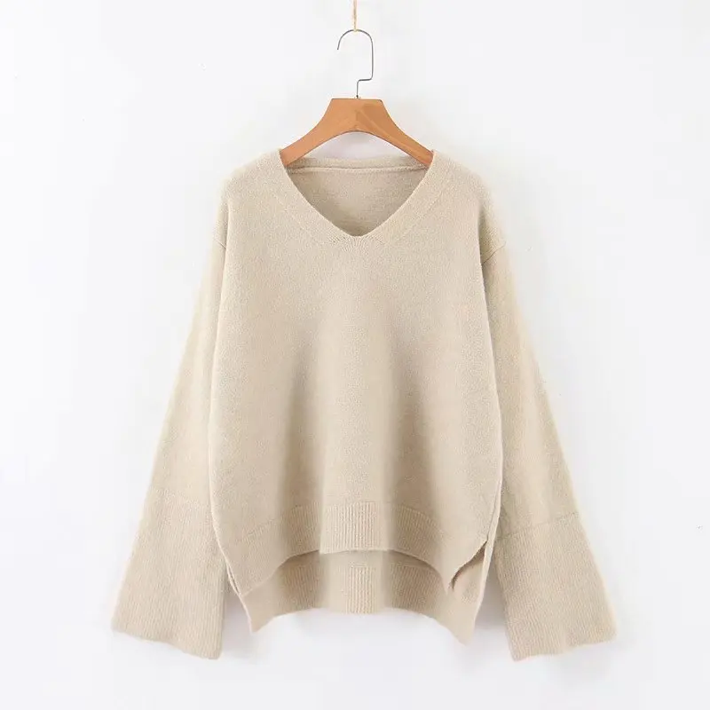 Autumn new women's European and American style V-neck loose long-sleeved solid color knitted hem open fork pullover sweater wome | Женская
