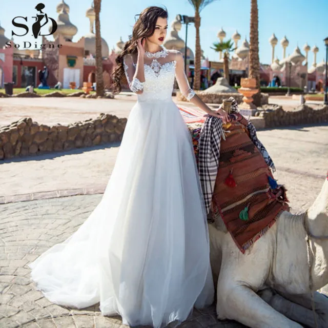 $US $91.12 Boho Wedding Dress Half Sleeve A-line White Tulle Wedding Dresses Lace Applique Princess Bridal Gown Vintage vestido de noiva