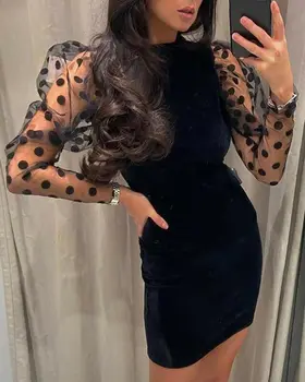 

2020 Fashion Women See-through Long Sleeve Polka Dot Mini Dress Evening Party Sundress Tulle Puff Sleeve Short Bodycon Dresses