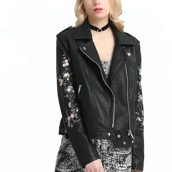 

Lucyever biker pu pink leather jacket women rivet embroidery slim short coat female fall 2019 fashion street punk outwear black