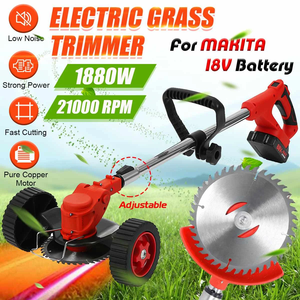 1880w Cordless Electric Grass Trimmer Lawn Mower Weeds Length