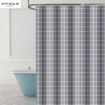

Polyester Shower Curtain Grey Plaid Printed Bathroom Curtain Mildew-proof Waterproof Bath Screens With Hooks Bathroom Products