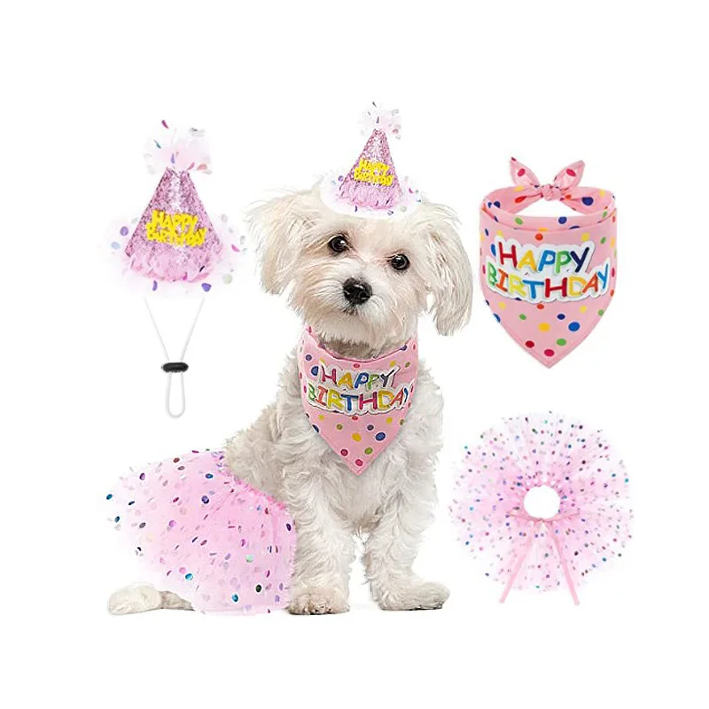 Pet Cute Birthday Party Cone Hat and Triangle Bandana Set for Kitten Puppy Dogs 