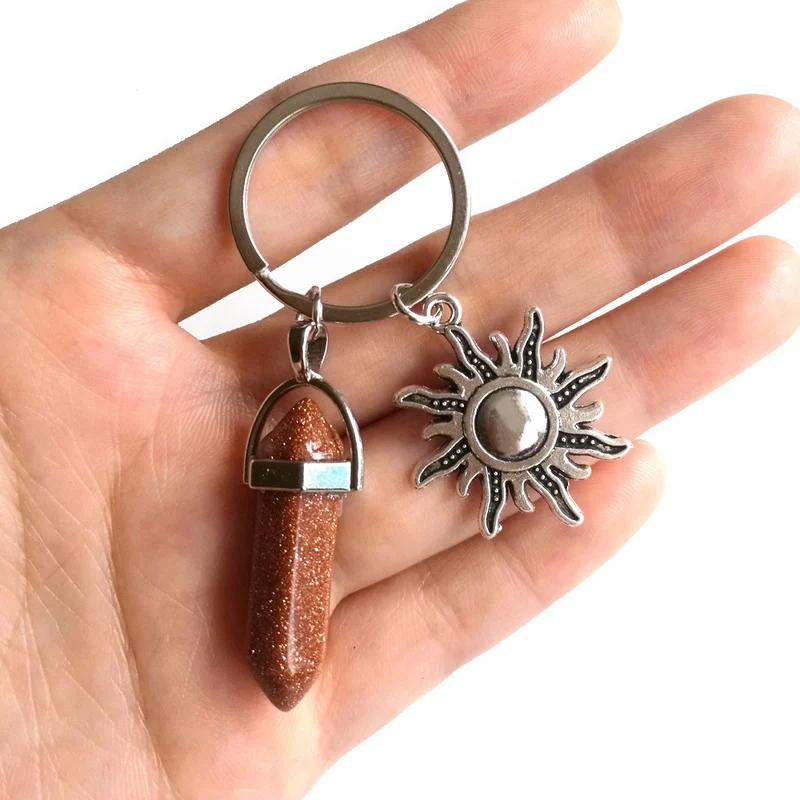 Natural Stone Hexagonal Column Keychain For Women Pink Quartz Crystal Stone Key Chains With Sun Moon Charms Trinket Couple Gift - Цвет: Brown Sun