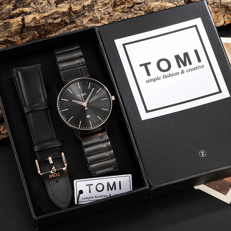 TOMI 2023 Brand Men Watch Fashion Simple Quartz Wristwatch Date Display Replacement Steel Leather Strap Relogio Masculino New