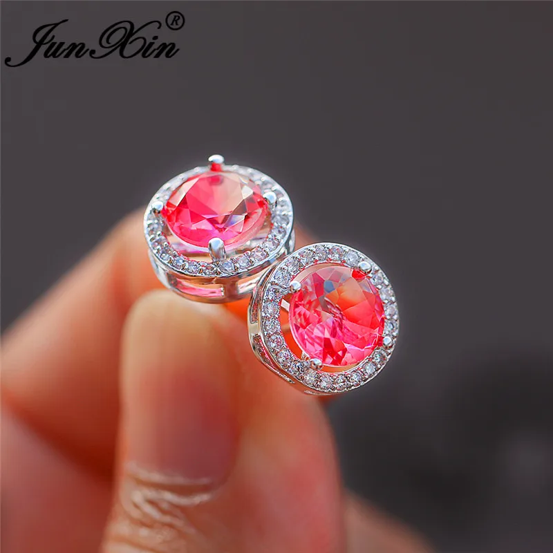 

Bicolor Pink White Rainbow Fire Crystal Round Stud Earrings For Women 925 Silver Colorful Zircon Mystic Stone Wedding Earrings