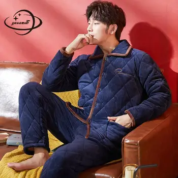 

size L-2XL mens Pajama Sets winter male sleepwear suits clothing coat+pants 2pcs Button Elastic Waist Thicken man clothes h141