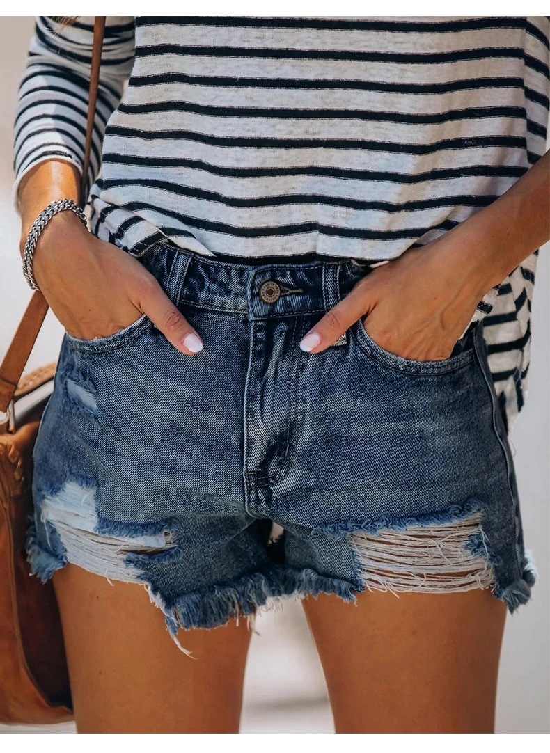 hotpants 2022 New Women Slim Tassels Hole Denim Shorts Fashion Casual Summer Blue Denim Shorts Sexy Solid Color Wash Streetwear Shorts high waisted denim shorts