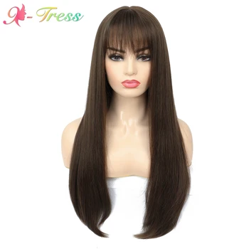 

X-TRESS Dark Brown Color Long Synthetic Wigs for White Women Straight 28inch Machine Made Wigs Heat Resistant Cospiay/Daily Wig