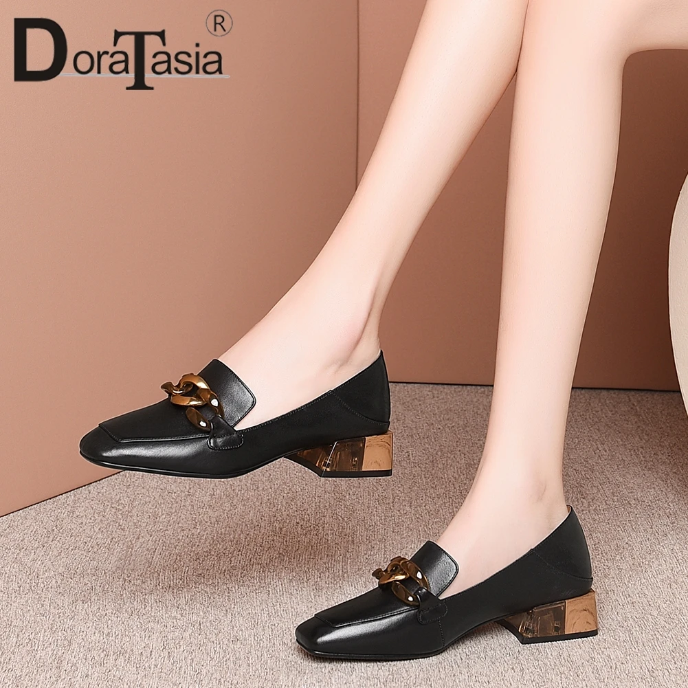 

DORATASIA Brand Female Metal Pumps Office Casual Solid Handmade Pumps Women Square Toe Chain Square Heels Slip On Shoes Woman