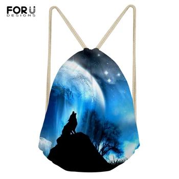 

FORUDESIGNS Cartoon Little Travel Drawsting Bag Moon Wolf Pattern Mini Shoes Pocket Cute Animal Print Boys Girls Travel Backpack