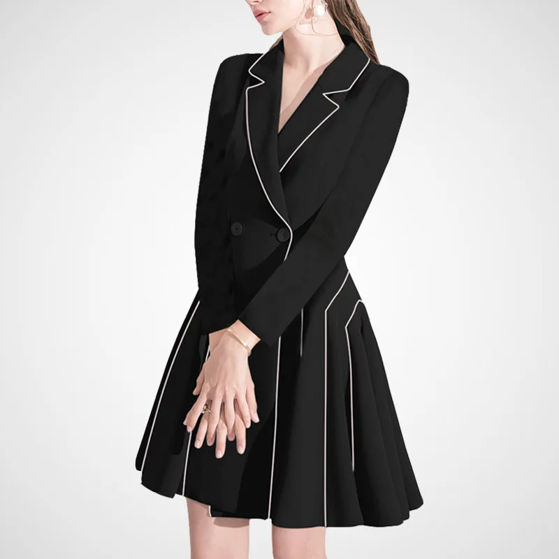

2018 Spring New Style WOMEN'S Dress Joint Slimming A- line Skirt Europe And America Slim Fit Black And White with Pattern Long-s