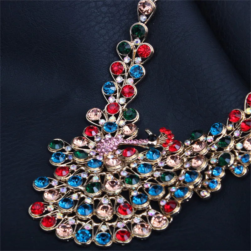 Conjunto de Jóias Conjunto de Jóias de Noiva Cor do Ouro Tela Aberta Pavão Multi Strass Colar Brincos Dança Feminino Cristal Redondo de Noiva Cor 6 do ouro cristal redondo conjunto de jóias de noiva