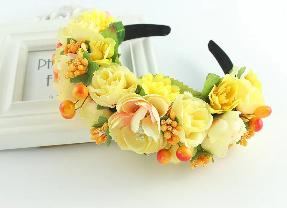 Rose yellow purple wreath boho headband crown headband flower Braided Wedding Garland hair accessories women Floral Crown