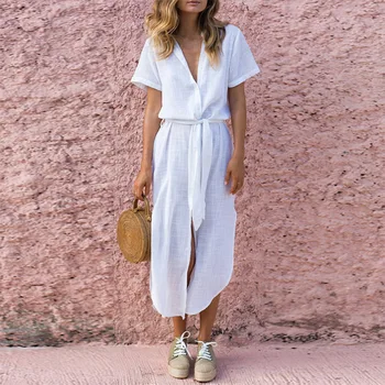 

Solid Fashion Woman Dress Nice Spring Summer V Neck Short Sleeve Boho Maxi Dresses Bow Vestido