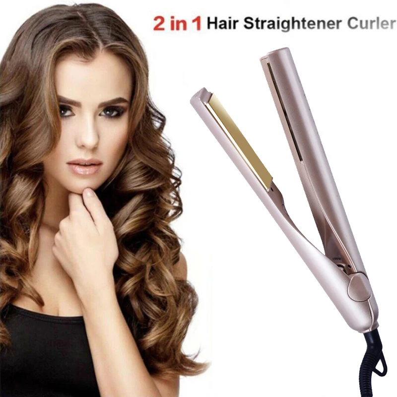 

High Quality Pro 2 in 1 Titanium Hair curler Titanium Gold Plate Hair Straightener US EU UK plug 1pcs via epacket