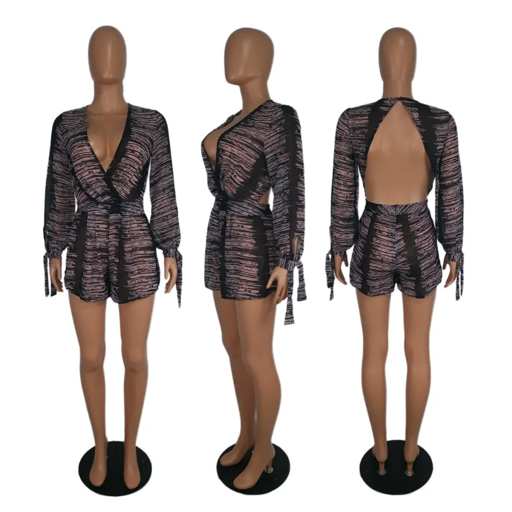 Bare Back Sexy Printed Women Playsuit Deep V Neck Lace Up Long Sleeve Casual Playsuit Fashion Party Short Overall SH7137G
