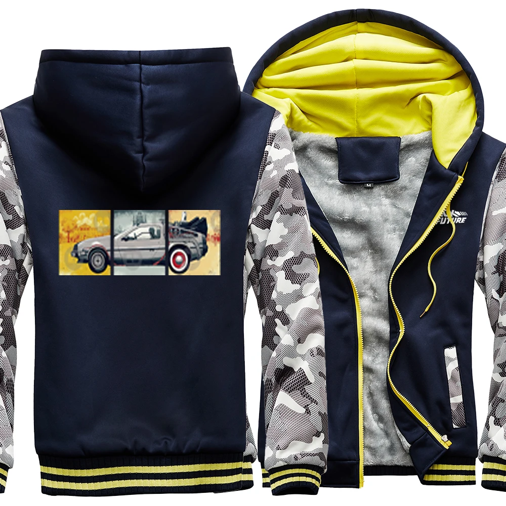 

Classic Movie Series Back Jacket Man To The Future Car Camouflage Overcoat For Mens Casual Thicken Cute Pattern Male Hoodies