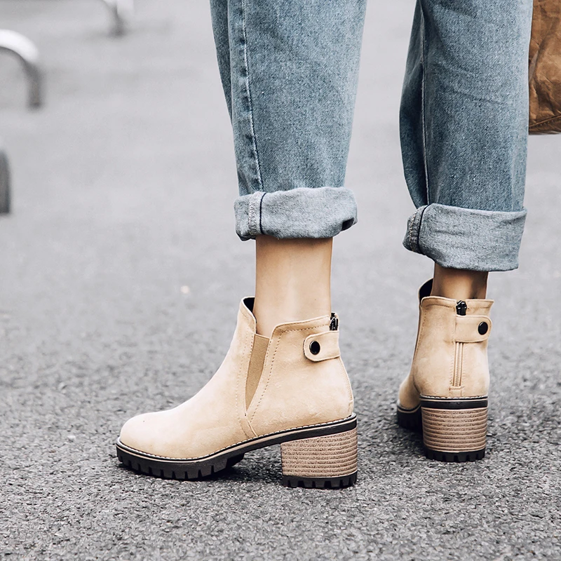 Boots Women Solid Western Ankle Boots Cowboy Short Boots Faux Suede Chunky heels Winter Booties Woman Martin Boots size 43