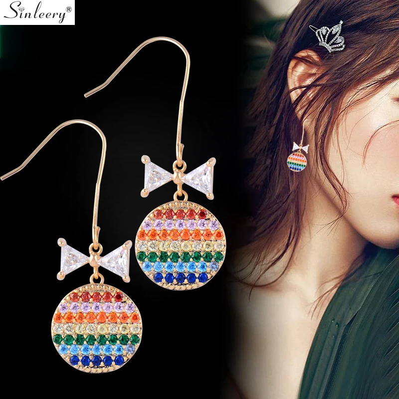 

SINLEERY Shining Bow Round Rainbow Drop Earrings Yellow Gold Color Red Blue Zircon Multicolor Women Earrings Jewelry ES576 SSD