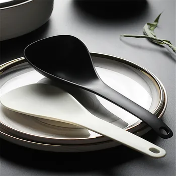 

Black White Rice Ladle Soup Spoon Plastic Non-Stick Hangable Scoop Food Serving Spoons Tableware Kitchen Supplies Cooking Tool