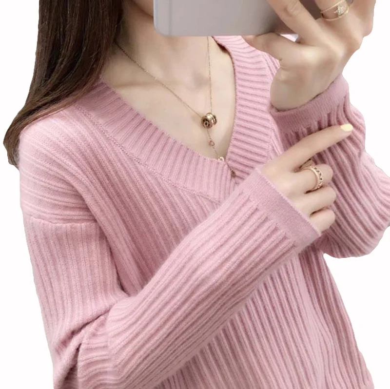 Теплый пуловер свитер женский 2019 зимняя одежда длинный рукав v-образный вырез