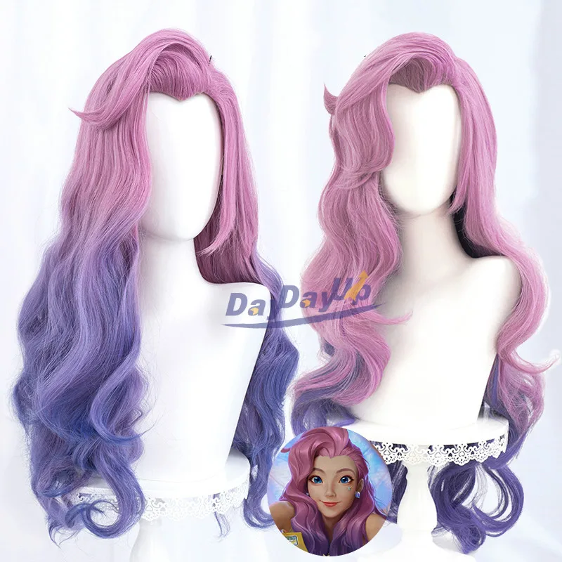 

LOL Seraphine Pink Purple Mixed Wavy Long Role Play Heat Resistant Synthetic Hair Halloween Party Cosplay + Free Wig Cap