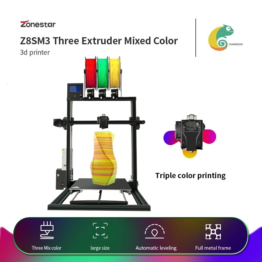 

ZONESTAR 2019 New Upgrade Large Size 3 Extruder Multi Color Full Metal Aluminum Frame Fast Assembly 3D Printer DIY Kit Free Ship