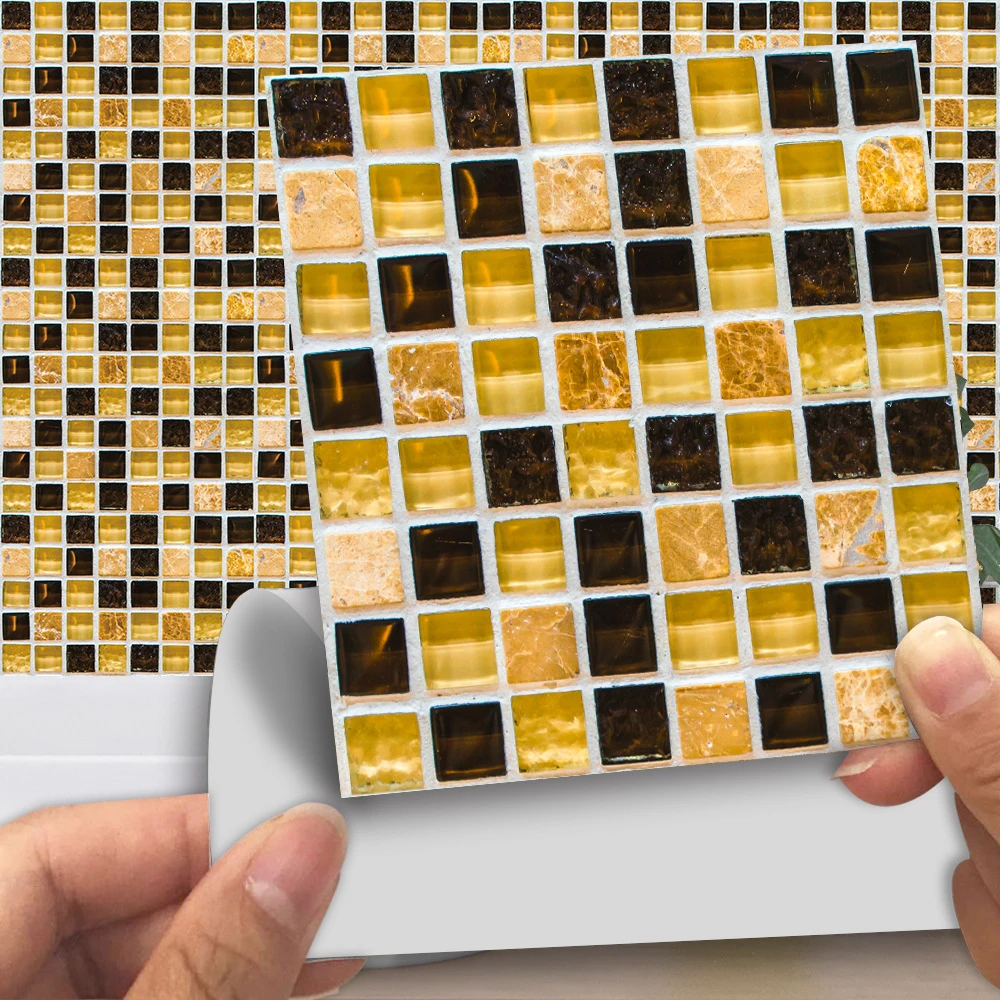 10pcs Hard Tiles Yellow Mosaic Wall Stickers Transfers Flat Printed In 2d For Kitchen Bathroom Decor Peel Stick Pvc Art Mural Wall Stickers Aliexpress