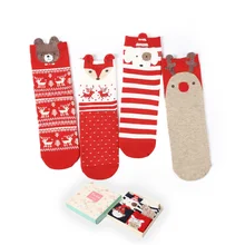4 шт./лот, Мультяшные Хлопковые женские носки, цветные полосатые носки средней длины, рождественские носки, подарочная коробка
