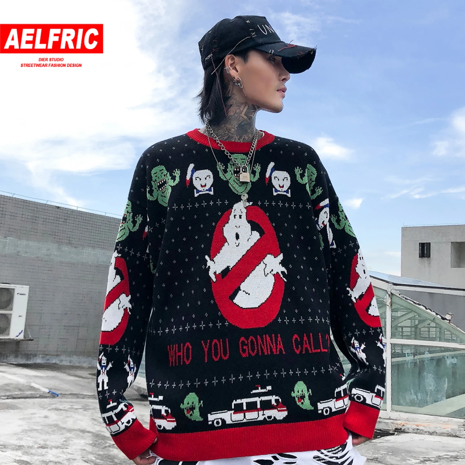AELFRIC хип хоп мультяшный трикотаж мужской свитер осень зима Harajuku уличная мода рваные мужские повседневные пуловеры верхняя одежда