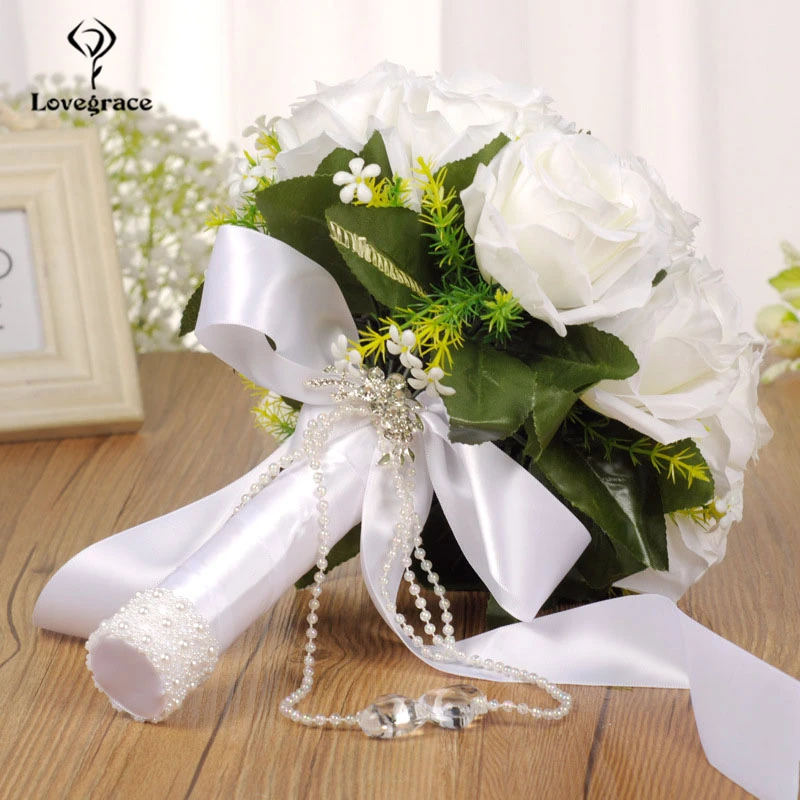 Ramo de novia blanco de rosas artificiales, ramo de boda para damas de  honor, flores de perlas, accesorios de boda|Ramos de boda| - AliExpress