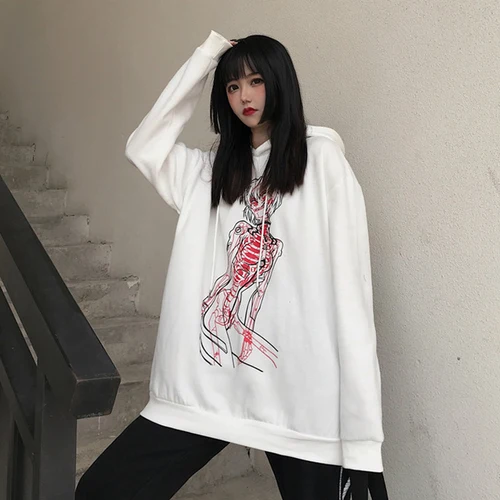 Белый Woherb Harajuku японский мультяшный принт Толстовка для женщин и мужчин унисекс повседневные толстовки принт Осень Толстовка Топы уличная Sudaderas - Цвет: Белый