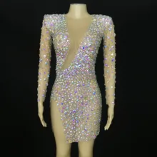 

Dancer Prom Performance Celebrate AB Rhinestones Colorful Jumpsuit Outfit Evening Birthday Big Stones Costumes