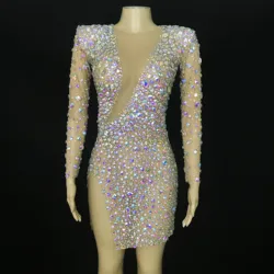Dancer Prom Performance Celebrate AB Rhinestones Colorful Jumpsuit  Outfit Evening Birthday Big Stones Costumes