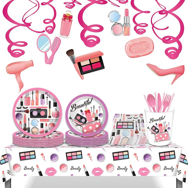 Spa hacer suministros de fiesta de cumpleaños de maquillaje vajilla desechable con placas servilletas para tazas globos más para las niñas decoración de fiesta