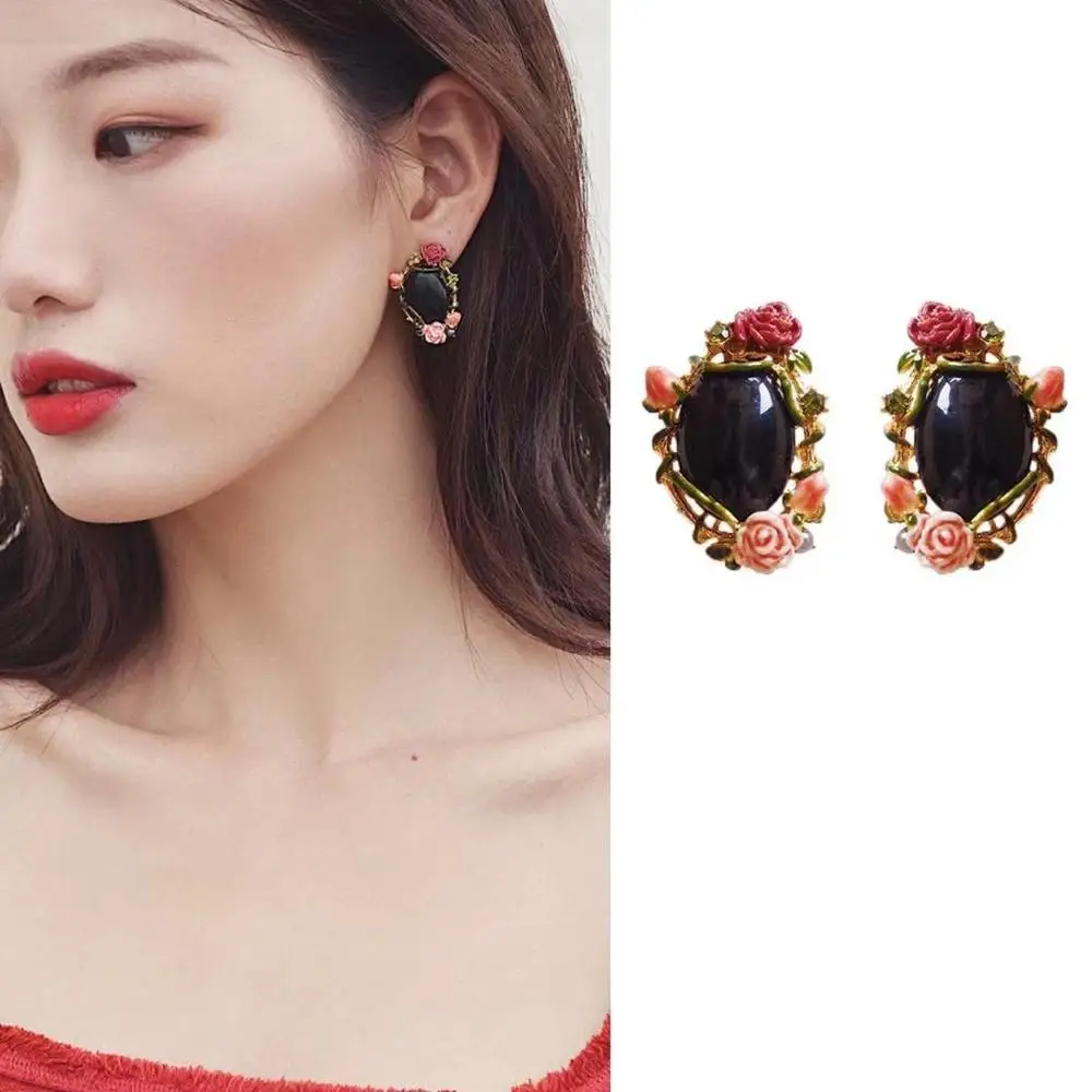 Amybaby ручная работа эмалированная глазурь Роскошные розы цветы камень женские серьги-гвоздики ювелирные изделия для вечерние
