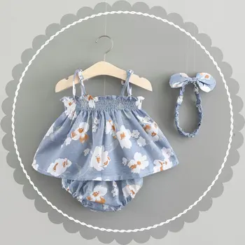 Baby Girl Clothes Skirt Newbies Infant Print Shorts Sling Hair Band Soft Breathable Suitable Child Sets Of Clothing Summer Dress