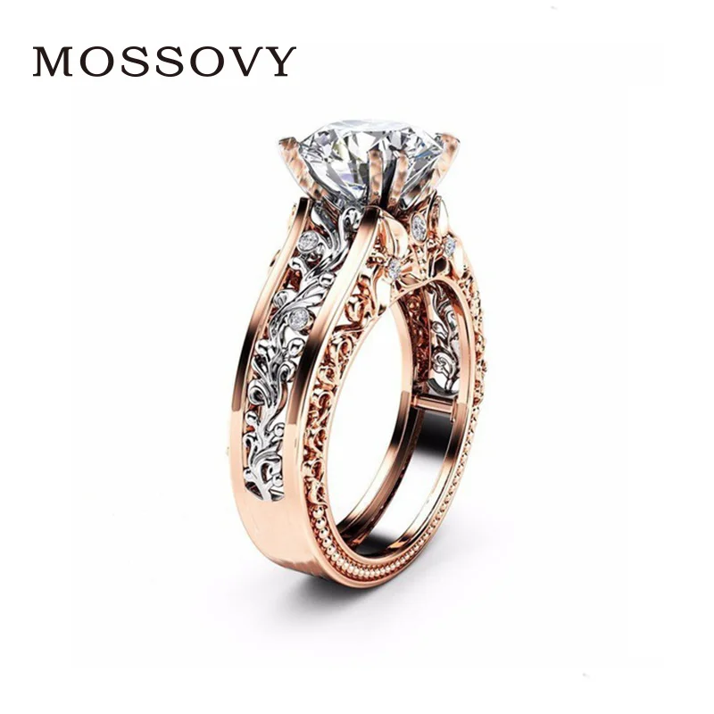 

Fashion Hollow Plant Zircon Rose Gold Engagement Ring for Female Two-tone Flower Rhinestone Wedding Rings for Women Jewelry Ring