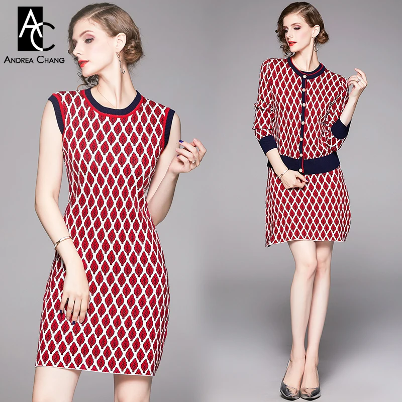 

ONE SIZE autumn winter woman clothing set leaf pattern green red knitted suit above knee mini tank dress + single breasted sweater set