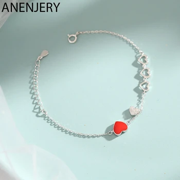 

ANENJERY Sweet Silver Color Red Heart Zircon Bracelet For Women Valentine's Gift Jewelry pulseras S-B264