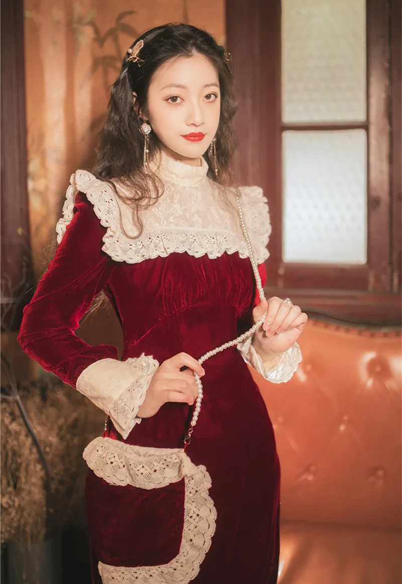 Vintage Burgundy Velvet Short Dress 