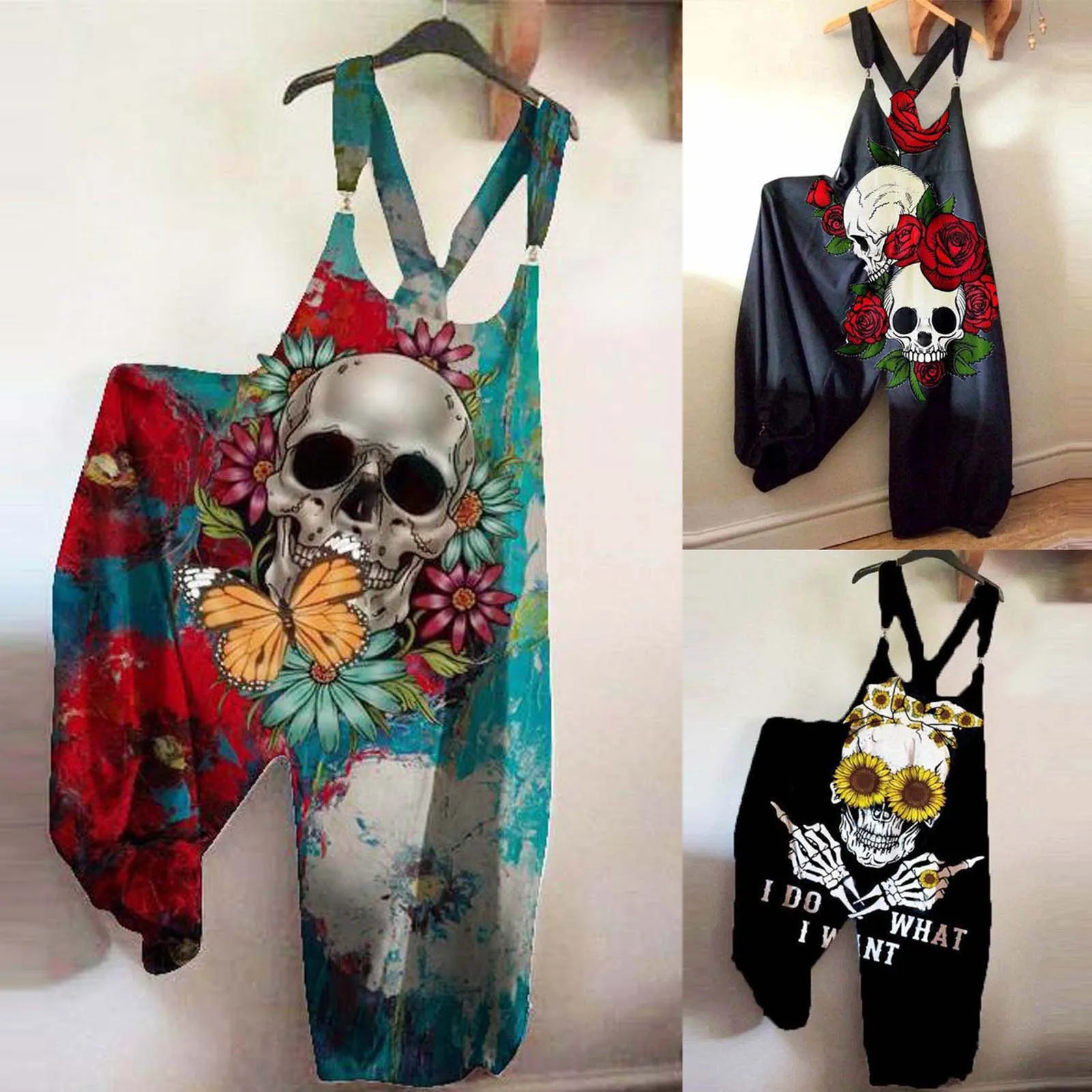 Jumpsuit Women Summer 2021 Overalls Fashion Ethnic Style Retro Halloween Skull Print Suspenders Pants Trousers |