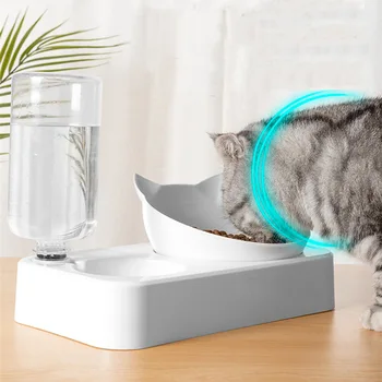 

Cat bowl with drinking bottle set transparent plastic bowl automatic drinking fountain tilt neck guard