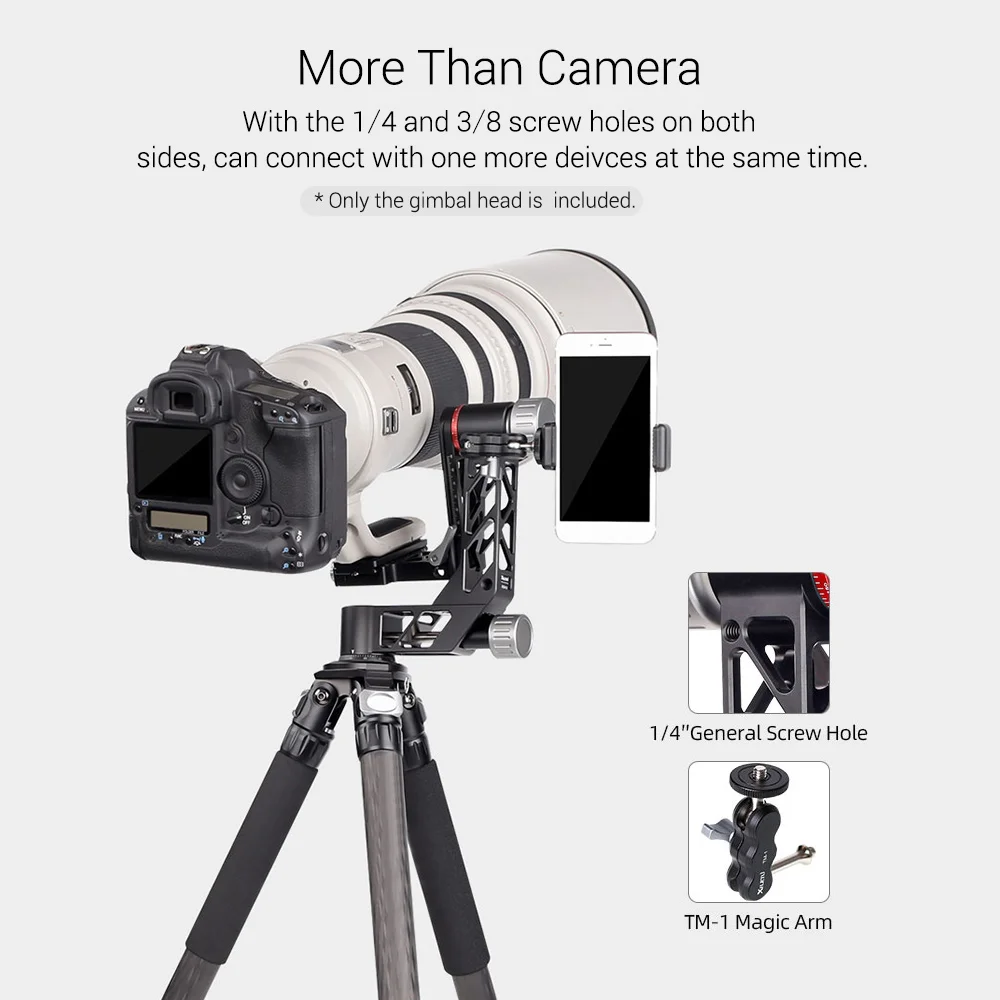 Panoramic Gimbal Tripod Head with QR Plate 1/4 Inch & 3/8 Inch Screw for Birdwatching Camera Smartphone Max. Load 25kg/55lb