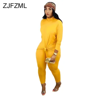 

Solid Color 2 Piece Matching Sets Fall Winter Clothes High Necked Long Sleeve Top And Skinny Legging Plus Size Sporty Tracksuit