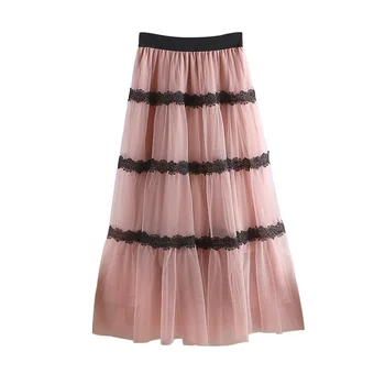 

Women's Lace Patchwork Mesh Wrap Long Skirt Spring Autumn Elegant Slim Pink High Waist Midi Skirts Ladies Casual Pleated Skirt