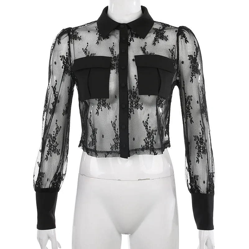 Yuqung Женская Прозрачная Кружевная короткая блузка, рубашка, винтажный карман, длинный рукав, туника, Женская марля, отложной воротник, укороченный топ на пуговицах, черный
