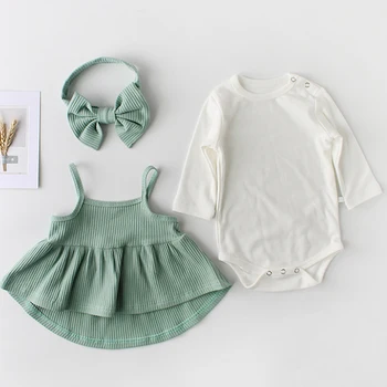 

2020 New Baby Girls Hair band+Dress+Romper 3pcs/Suit Toddler Baby Girl Lovely Romper Set Spring Newborn Girls Cotton Jumpsuit
